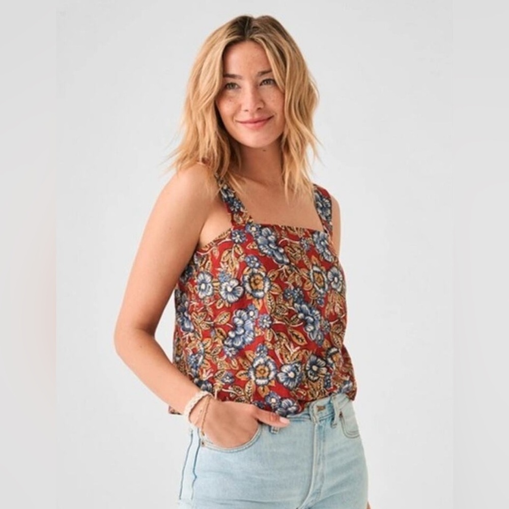 Faherty Cropped Tank Top Womens medium Pacifica Linen Tank In Red Desert Bloom